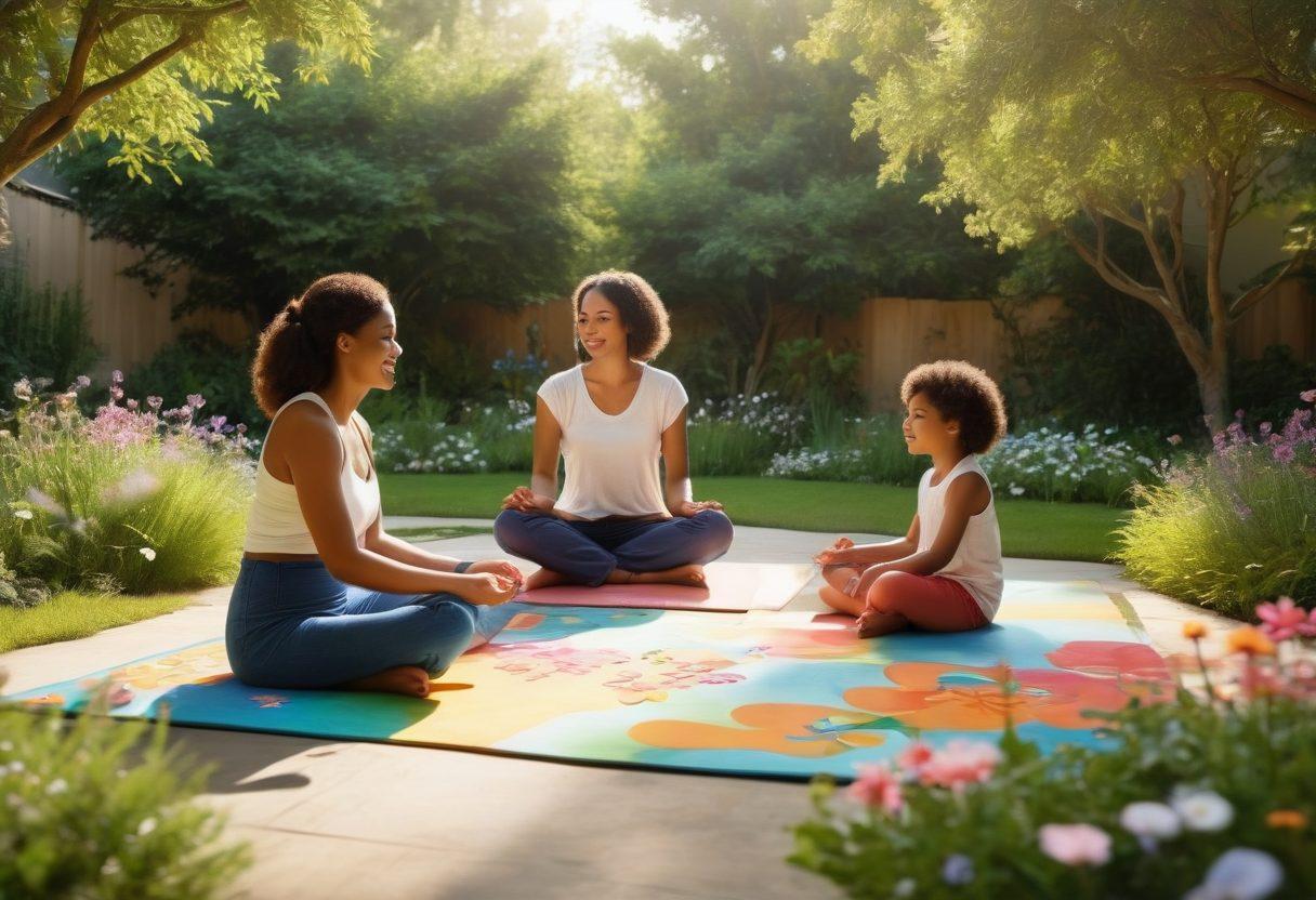 A diverse family engaged in various wellness activities: a parent meditating in a serene garden, children playing with healthy snacks, and another parent jogging on a scenic path. Soft sunlight filters through lush trees, creating a warm, inviting atmosphere. Ethereal elements like floating heart shapes symbolize love and well-being. Illustration style: vibrant colors. super-realistic. bright and uplifting.