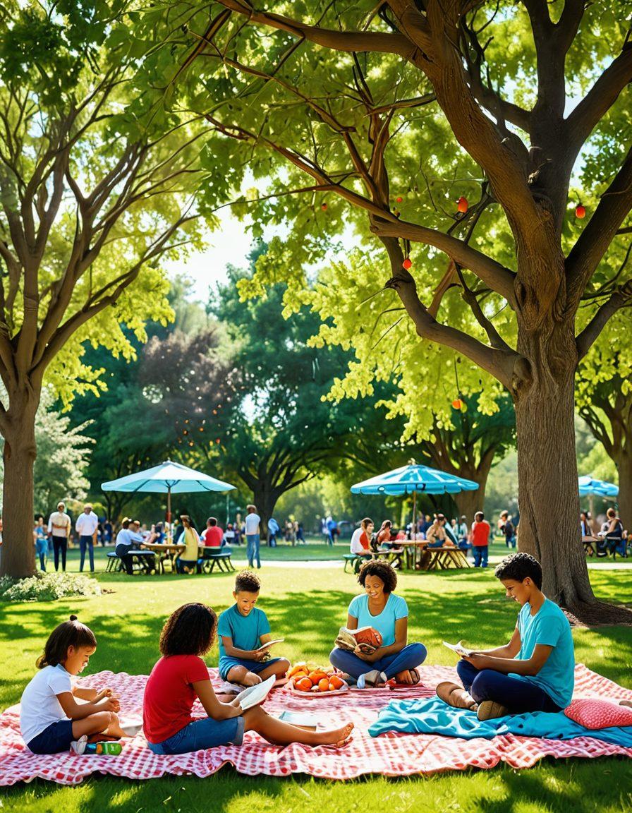 A harmonious scene depicting a diverse group of parents and children engaging in various educational activities in a park setting. Symbols of health such as fruits and vegetables are seamlessly integrated into the scene, alongside books and educational tools. The sun shines brightly, casting a warm and inviting glow, symbolizing growth and community. Lively trees and flowers add a vibrant touch, emphasizing the theme of 'growing together'. vibrant colors. super-realistic.