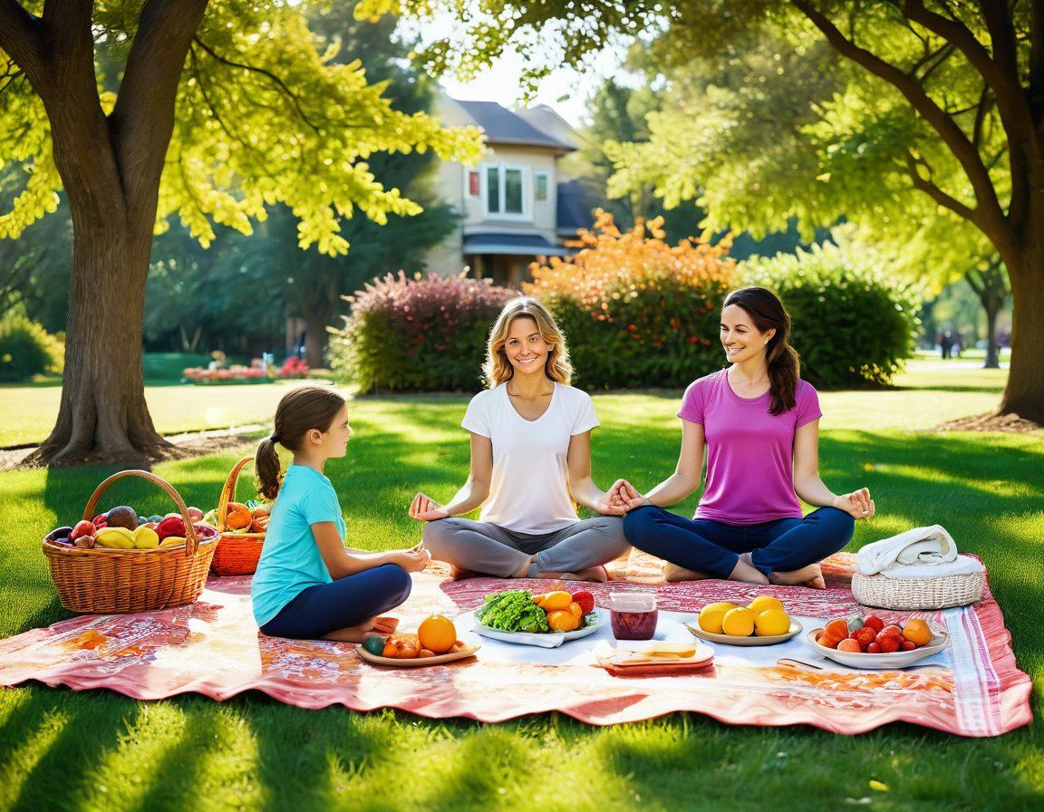 A vibrant family scene in a sunlit park, showing parents engaging in healthful activities with their children, such as yoga and picnicking. Surround them with blooming flowers and a picnic blanket filled with colorful fruits and vegetables. Incorporate a sense of joy and togetherness while highlighting the concept of wellness. Texture-rich with a warm, inviting color palette. super-realistic. vibrant colors.